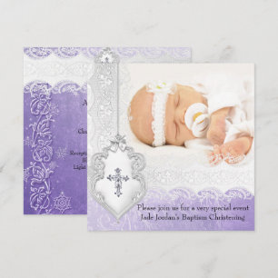 Invitation Baptême Violet Blanc Dentelle Photo Bijou Croix Fi