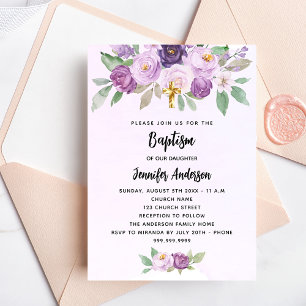 Invitation Baptême violet fleurs croix de verdure