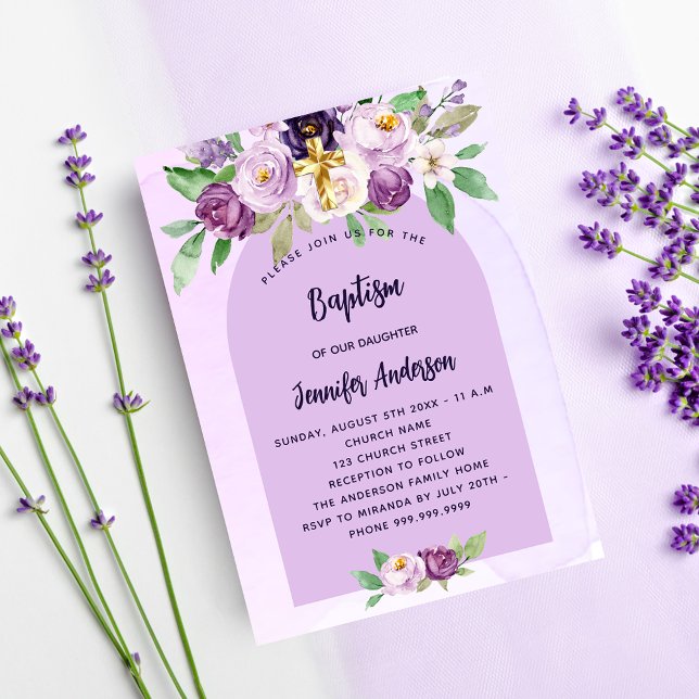 Invitation Baptême violet fleurs violettes croisent fille lux (Créateur téléchargé)