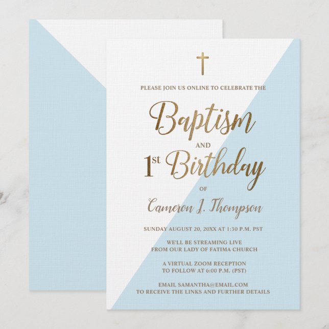 Invitation Baptême virtuel personnalisé bleu et premier anniv (Devant / Derrière)