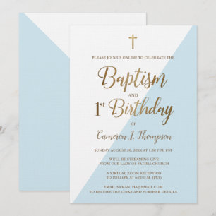 Invitation Baptême virtuel personnalisé bleu et premier anniv