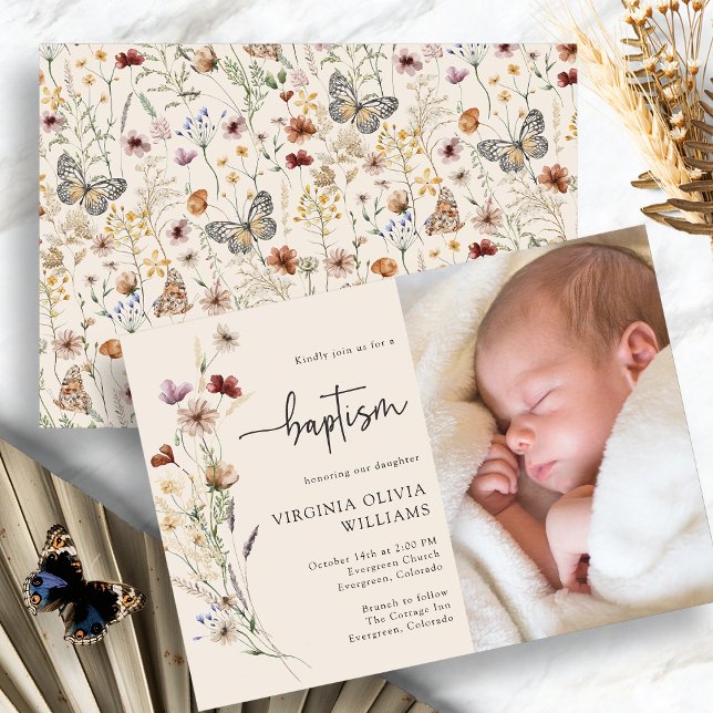 Invitation Baptême Wildflower Photo (Baptism Boho Wildflower Photo Invitation by Painted Paperie
)