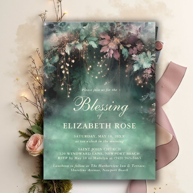Invitation Baptism Blessing Enchanted Forest Garden Botanical (baptism invitation christening enchanted forest garden botanical greenery emerald gold purple)