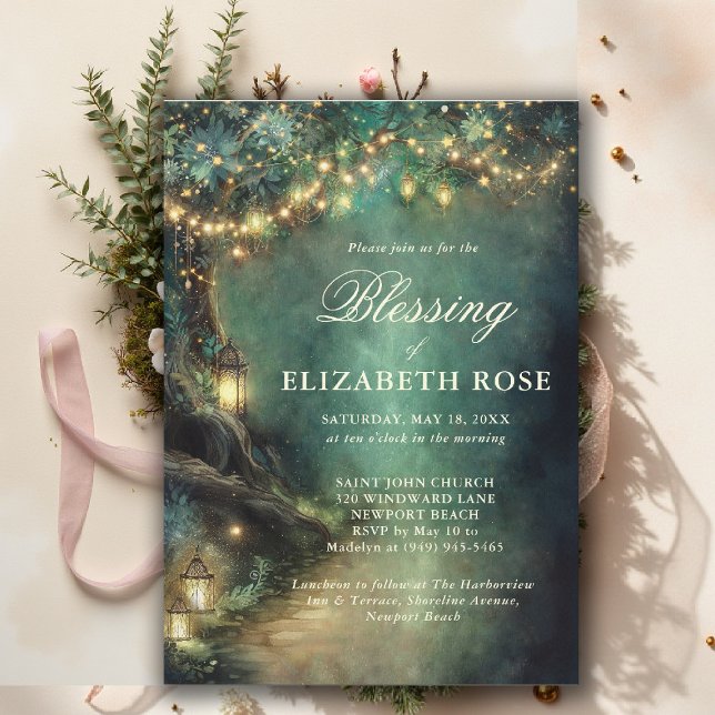 Invitation Baptism Blessing Enchanted Garden Forest Landerns (baptism invitation christening enchanted forest lanterns garden botanical greenery emerald gold)