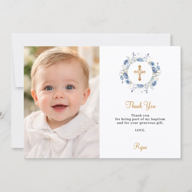 Invitation Baptism blue florals photo thank you card (Devant)