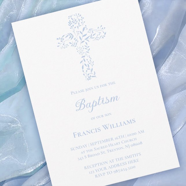 Invitation Baptism blue foliage cross  (Créateur téléchargé)