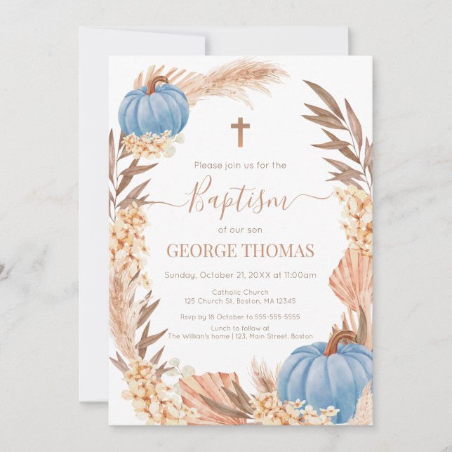 Invitation Baptism Boho Pampas arrangement blue Pumpkin (Devant)