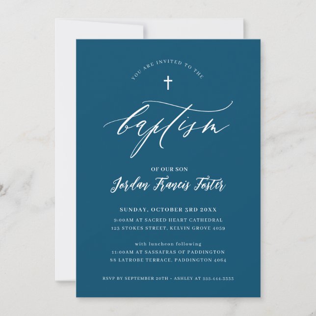 Invitation BAPTISM calligraphie minimale élégant bleu foncé (Devant)