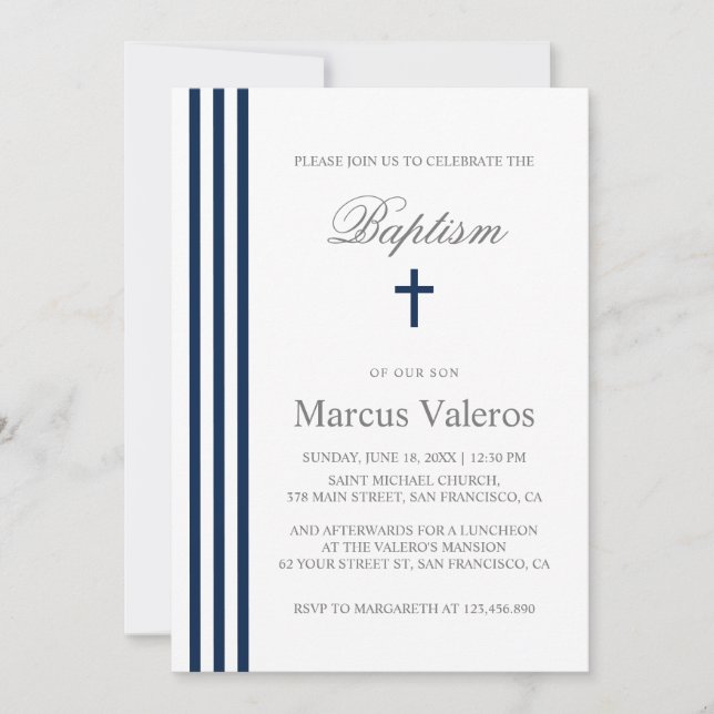Invitation BAPTISM Chic Vertical Strited Marine Croix Bleue (Devant)