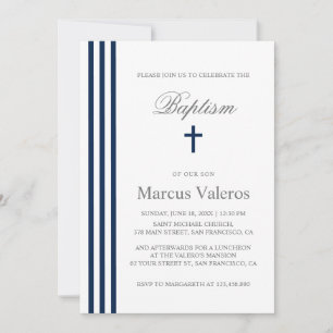 Invitation BAPTISM Chic Vertical Strited Marine Croix Bleue
