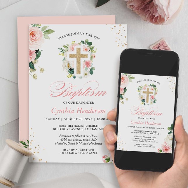 Invitation Baptism Christening Gold Blush Pink Floral Cross (Créateur téléchargé)