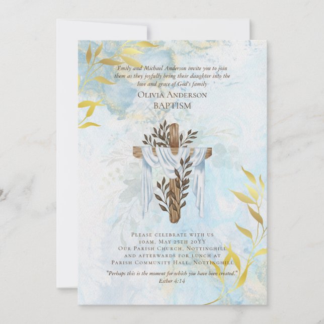 Invitation BAPTISM classique Aqua Blue Gold (Devant)