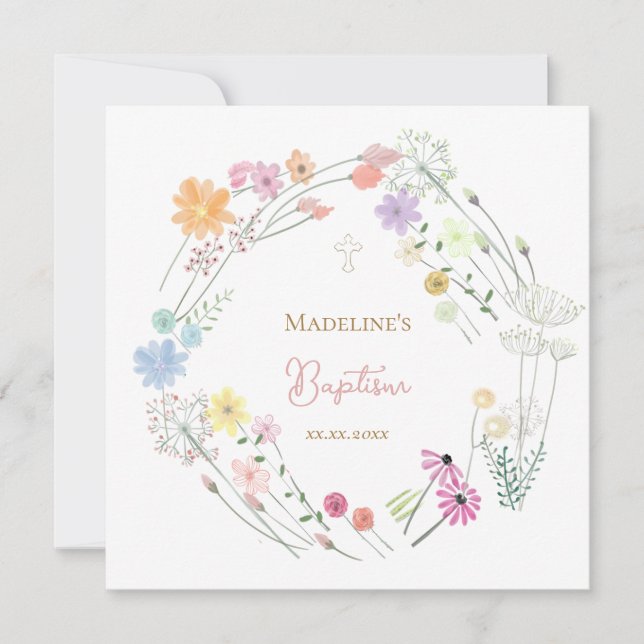 Invitation Baptism colorful wildflowers wreath (Devant)
