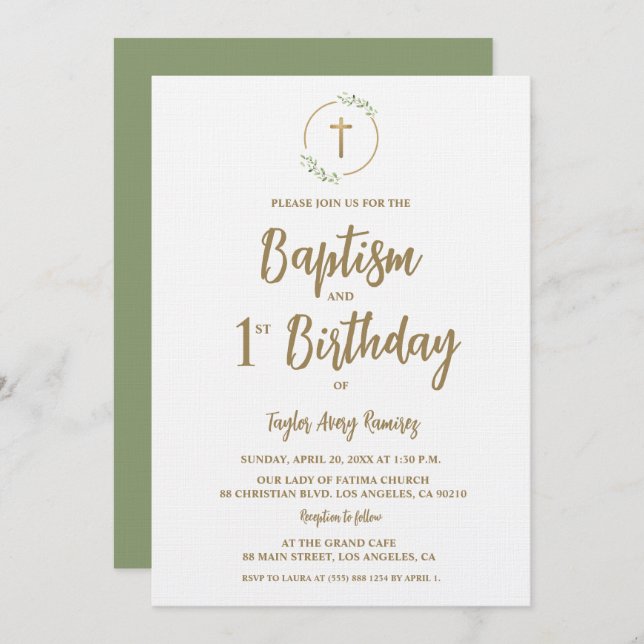 Invitation Baptism First Birthday Greenery wreath Gold cross (Devant / Derrière)