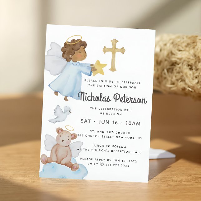 Invitation Baptism For Him Watercolor Angels and Cross (Créateur téléchargé)