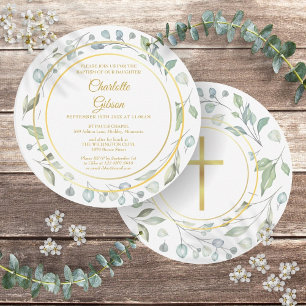 Invitation Baptism Laurel Garland Gold Cross Circulaire