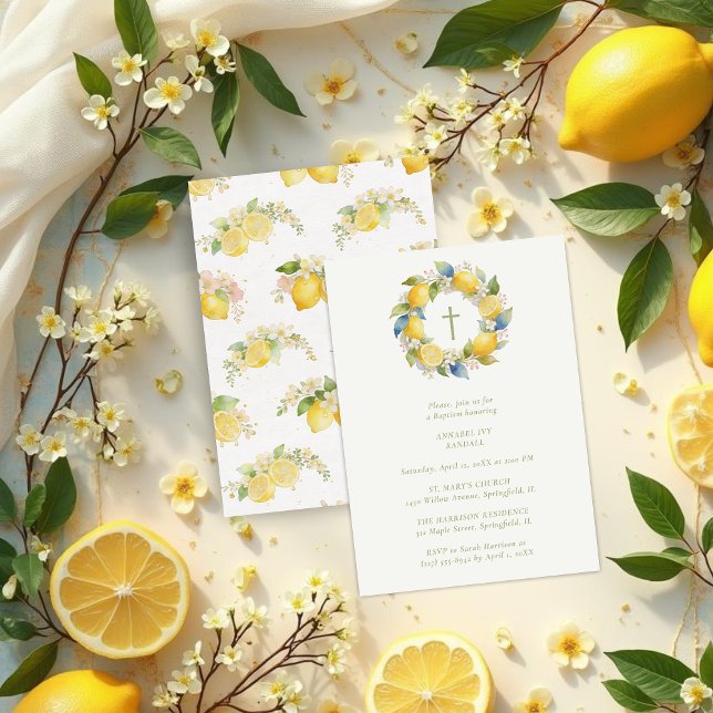 Invitation Baptism Mediterranean Wreath with Floral and Lemon (Baptism Mediterranean Wreath with Floral and Lemons Invitation Card Design. )