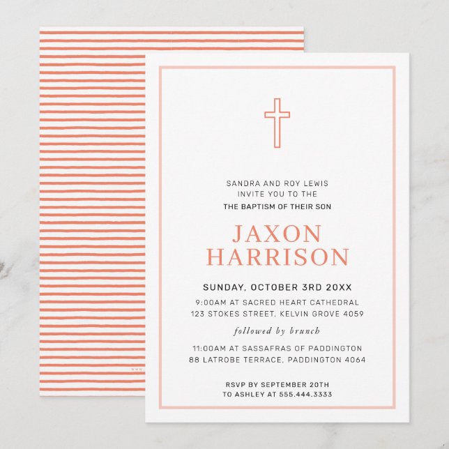 Invitation BAPTISM moderne Croix minimale simple terre cuite (Devant / Derrière)