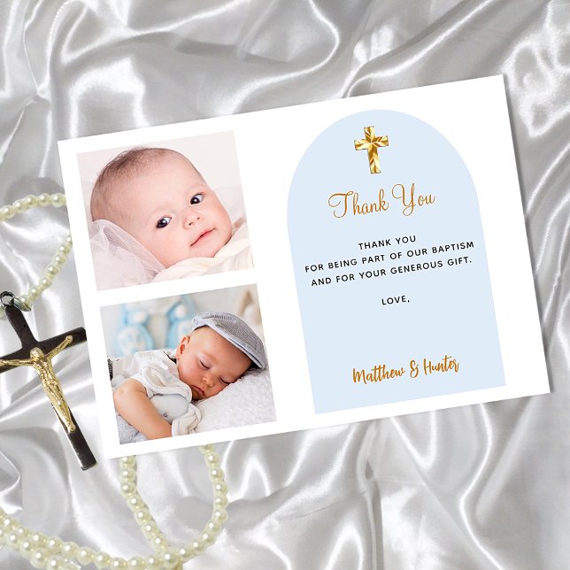 Invitation Baptism photo twins blue boys thank you card (Créateur téléchargé)