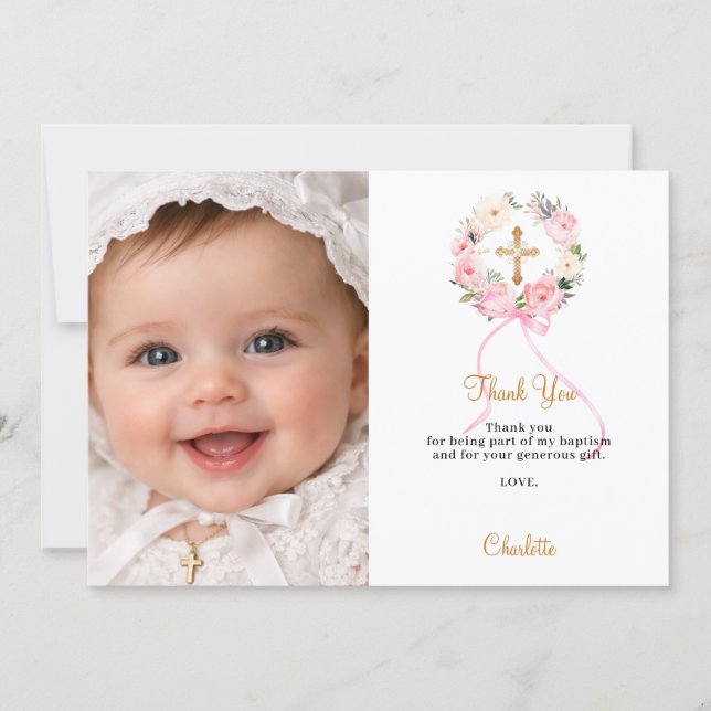 Invitation Baptism pink florals bow photo girl thank you card (Devant)