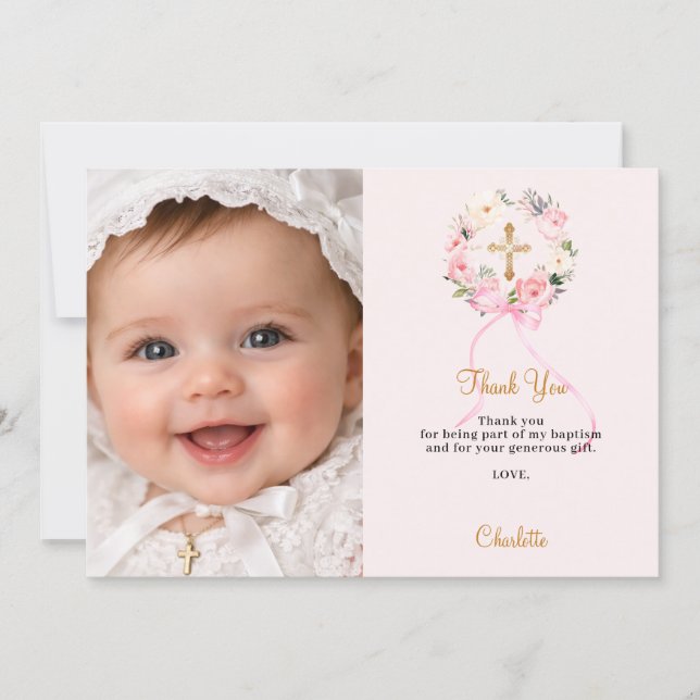 Invitation Baptism pink florals bow photo girl thank you card (Devant)