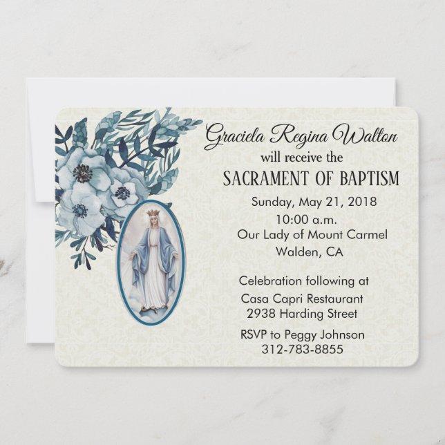 Invitation Baptismal Baby Vierge Marie Fleurs bleues Invitati (Devant)