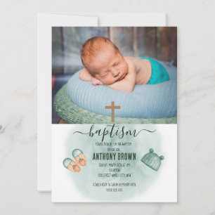 INVITATION BAPTISME BÉBÉ VERT ET ORANGE WATERCOLOR