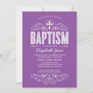 Invitation BAPTISME CUTE élégant tourbillons violet violet vi