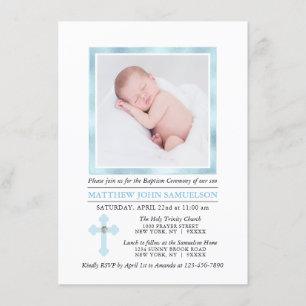 Invitation BAPTISME Élégant CHRISTENING Cross Blue Boy  PHOTO