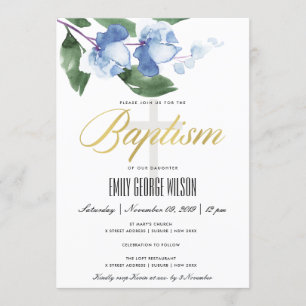 INVITATION BAPTISME FLORAL BLEUE GREEN INK LAVÉ À L'EAU