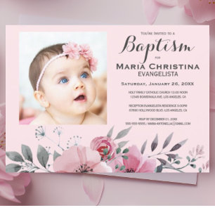 Invitation BAPTISME Floral Rose doux Élégant