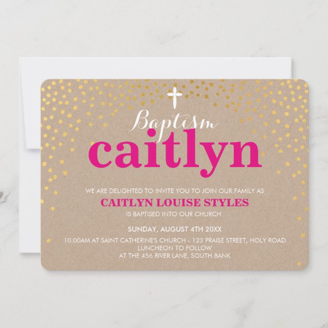 Invitation BAPTISME GLAMOREUX rustique en or confetti kraft r (Devant)