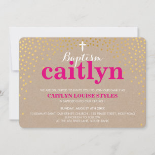 Invitation BAPTISME GLAMOREUX rustique en or confetti kraft r