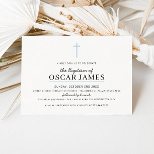 Invitation BAPTISME MODERNE Croix minimale simple bleu pâle g