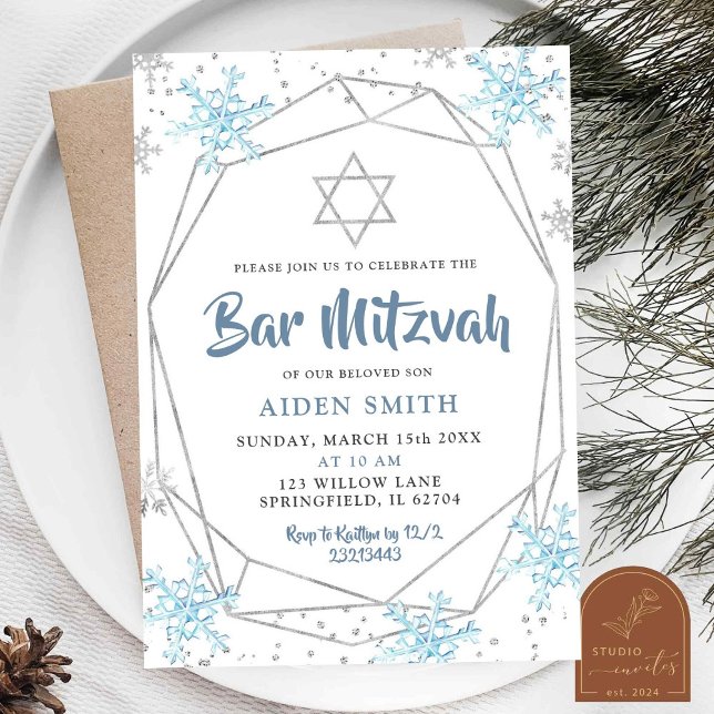 Invitation Bar/Bat Mitzvah Bleu Flocon de Neige  (Créateur téléchargé)