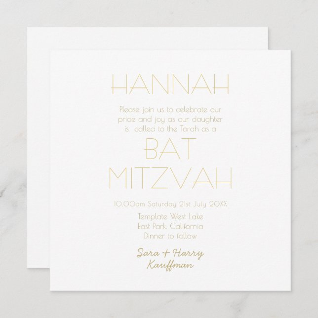 Invitation BAR BAT Or Blanc Contemporain MITZVAH Classique (Devant / Derrière)