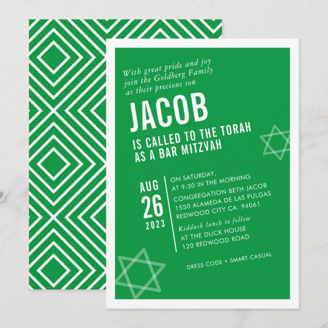 Invitation BAR BOLD MITZVAH simple angle moderne vert blanc (Devant / Derrière)