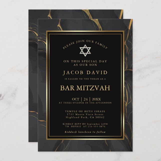 Invitation Bar en marbre noir moderne Mitzvah (Devant / Derrière)