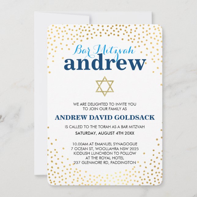 Invitation BAR GLAMOROUS MITZVAH rustique en or confetti bleu (Devant)
