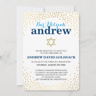 Invitation BAR GLAMOROUS MITZVAH rustique en or confetti bleu