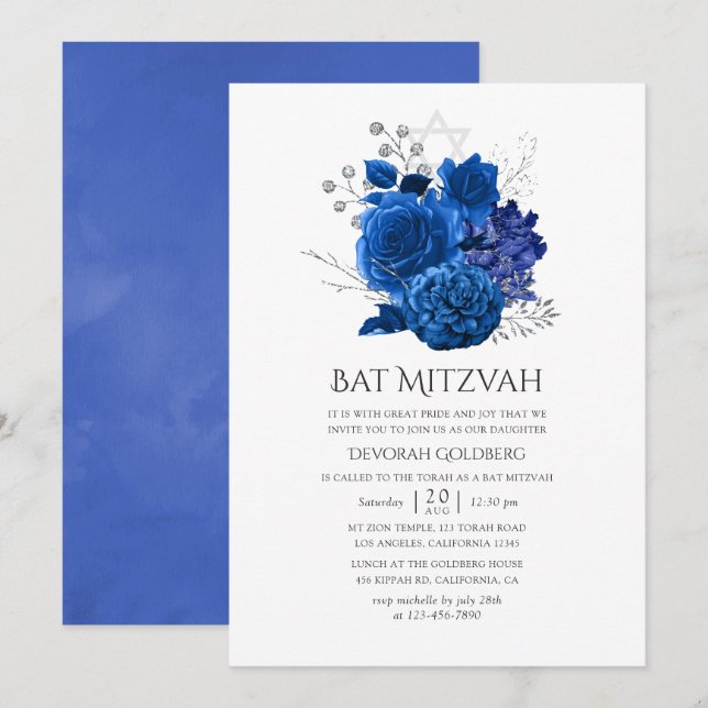Invitation Bar Mitsva Fleurie Bleu Royal et Argent (Devant / Derrière)
