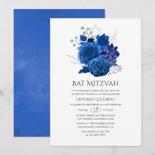 Invitation Bar Mitsva Fleurie Bleu Royal et Argent