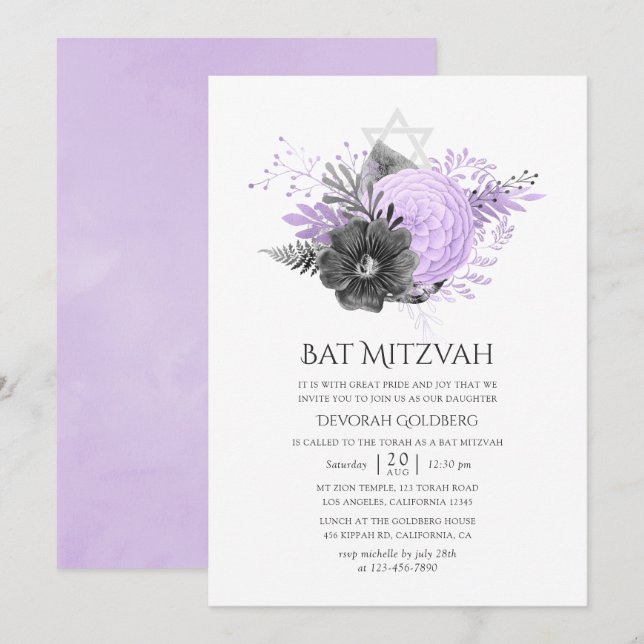 Invitation Bar Mitsva Fleurie Lilas et Charbon (Devant / Derrière)