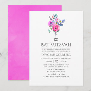 Invitation Bar Mitsva Floral Aquarelle Rose Chaud