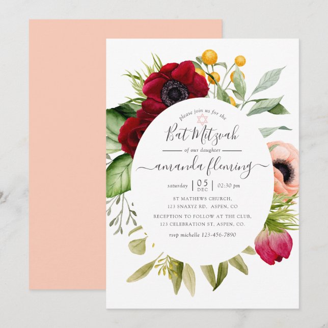 Invitation Bar Mitsva floral bohème aquarelle (Devant / Derrière)