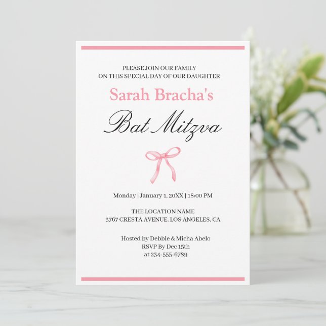 Invitation Bar Mitsva Rose Poudre Coquette Aquarelle Nœud (Debout devant)
