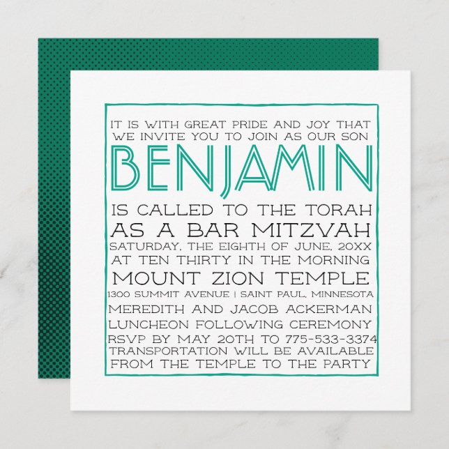 Invitation Bar Mitzvah - 2018 Pantone Arcadia (Devant / Derrière)