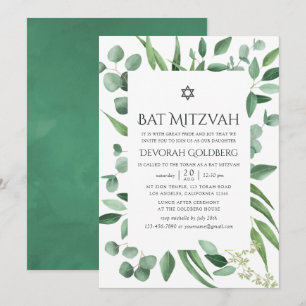 Invitation Bar Mitzvah à l'aquarelle avec verdure d'eucalyptu