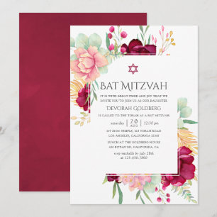 Invitation Bar Mitzvah à l'aquarelle burgundy et floral rose
