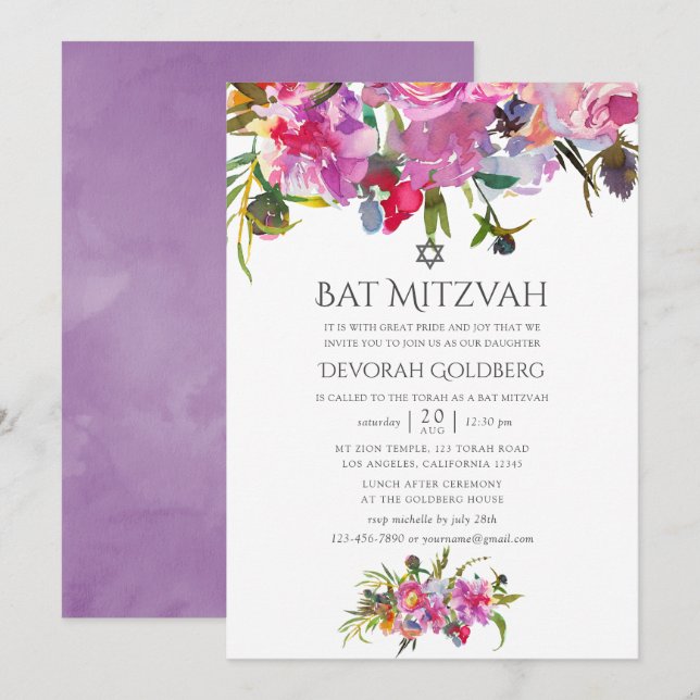 Invitation Bar Mitzvah à l'aquarelle florale vintage (Devant / Derrière)